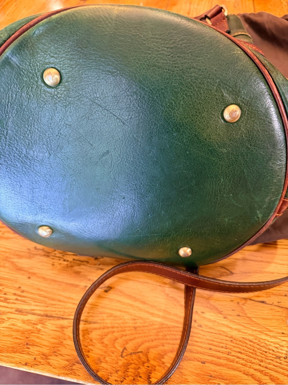 Time Resistance Green Italian Leather Drawstring Bucket Bag with Brown Trim - Picture 13 of 15